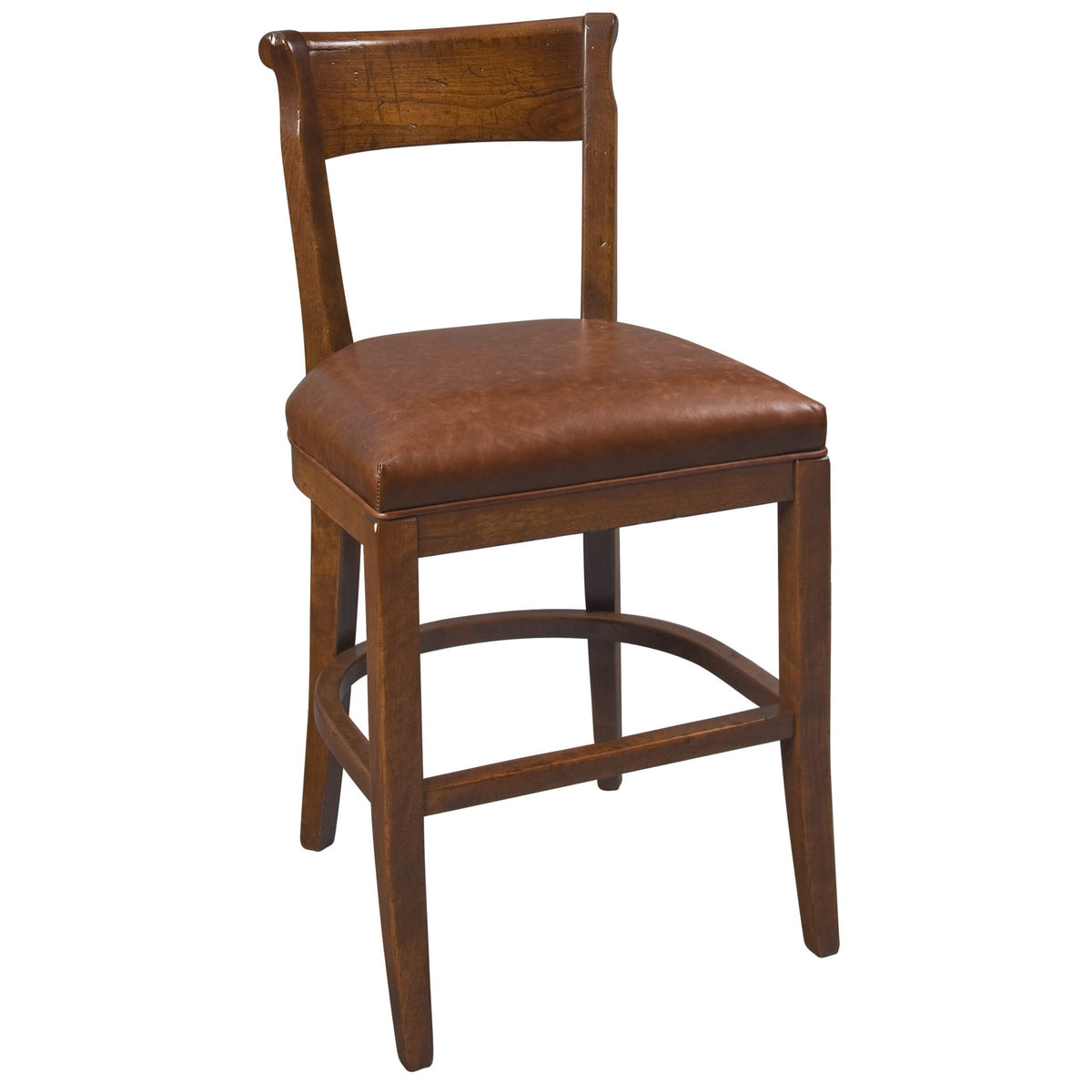 Counter height bar stool in cherry with a curved crest back and a brown leather upholstered seat