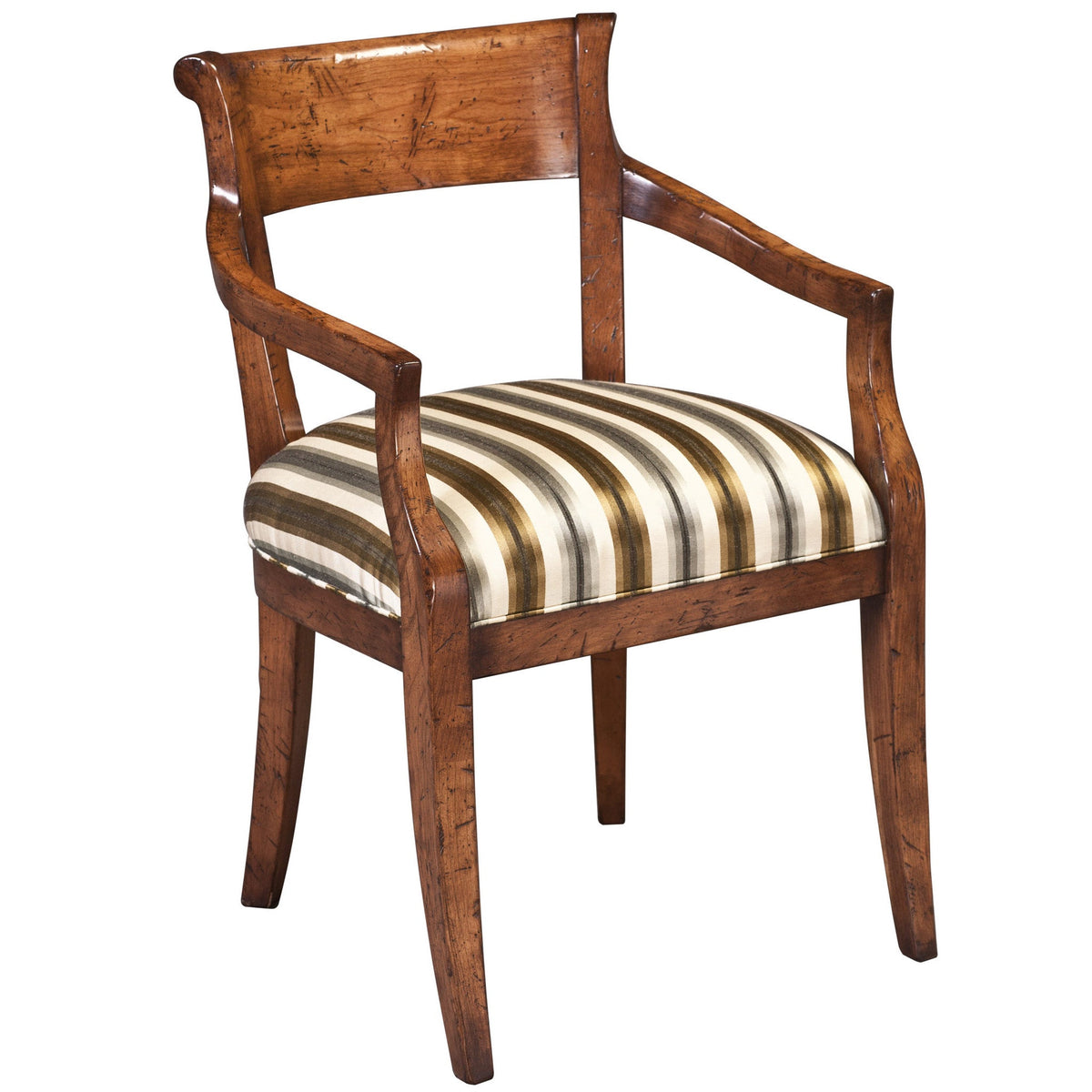 Cherry dining arm chair with a rolled crest back, open curved arms and a green striped cushioned seat