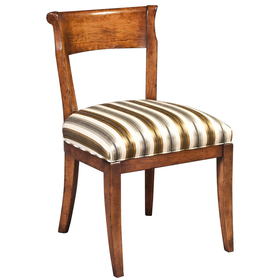 Distressed cherry dining side chair with a rolled crest rail and a green and cream striped upholstered seat