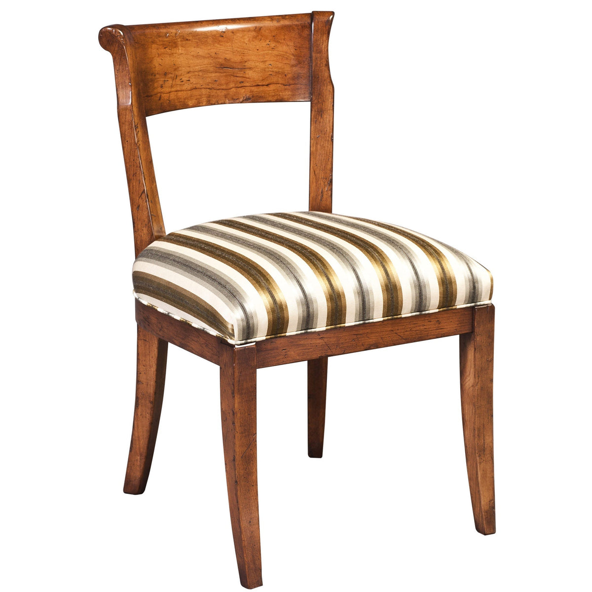 Distressed cherry dining side chair with a rolled crest rail and a green and cream striped upholstered seat