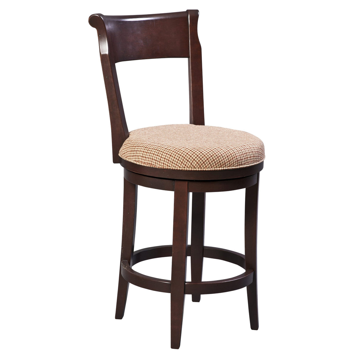 Dark espresso swivel bar stool with a tan checked round cushion seat, scrolled back rail and circular footrest