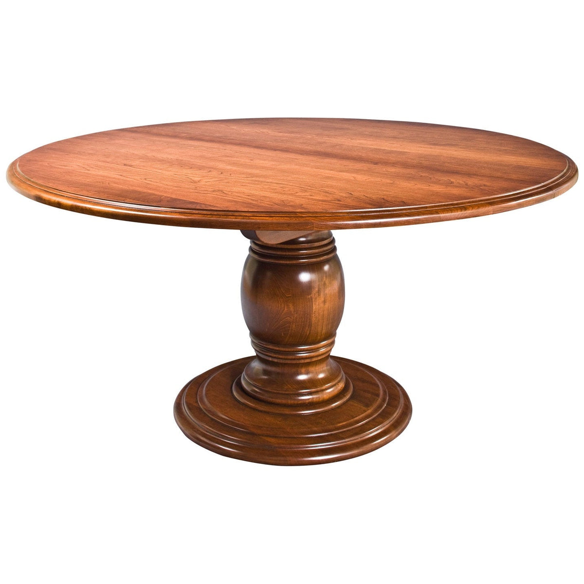 Large round cherry pedestal table with a molded edge top and a turned barrel pedestal on a stepped round base