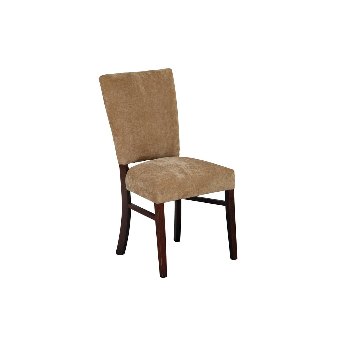 Dining side chair upholstered in tan chenille with a padded back and seat on dark cherry flared legs, on white