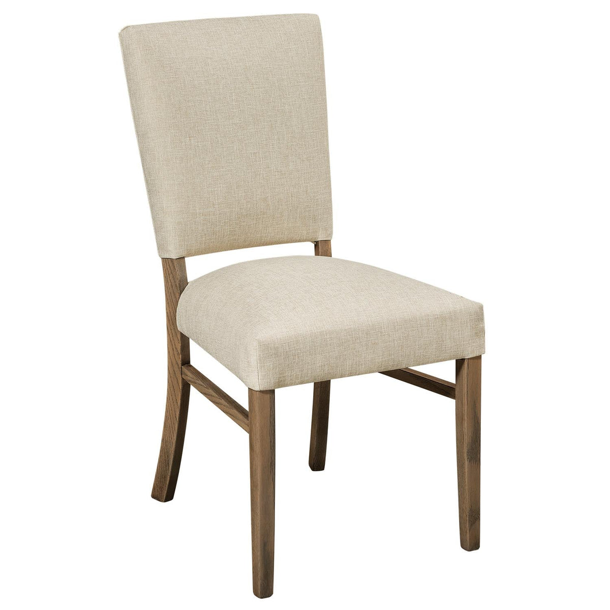 Upholstered dining chair in natural linen with a rustic weathered wood frame, side stretchers and tapered legs