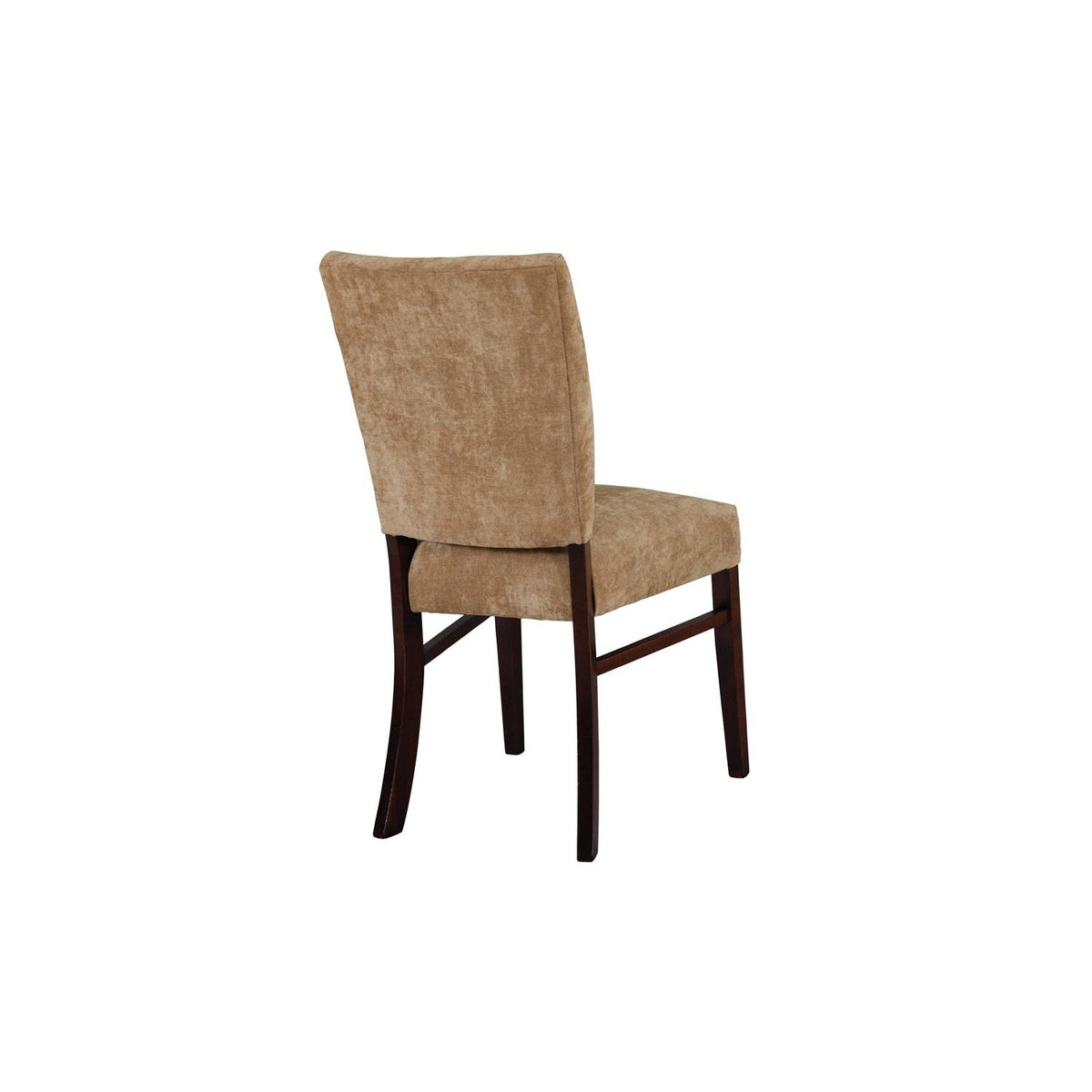 Rear view of a tan upholstered dining chair showing the smooth padded back panel and dark stained rear legs