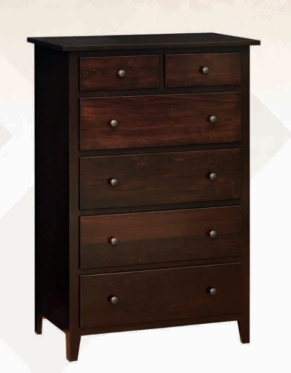 Chest of six drawers in a deep espresso finish with dark round knobs and slightly splayed tapered legs