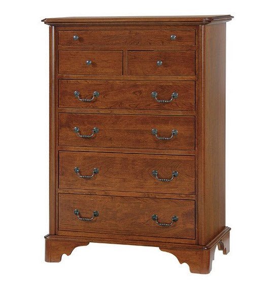 Angled cherry chest of seven drawers with dark bail hardware and a scalloped bracket base