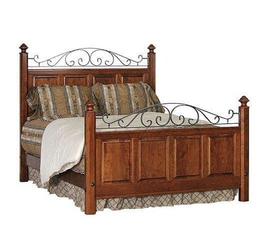 Cherry iron scroll bed with striped pillows, raised panel footboard and turned post finials