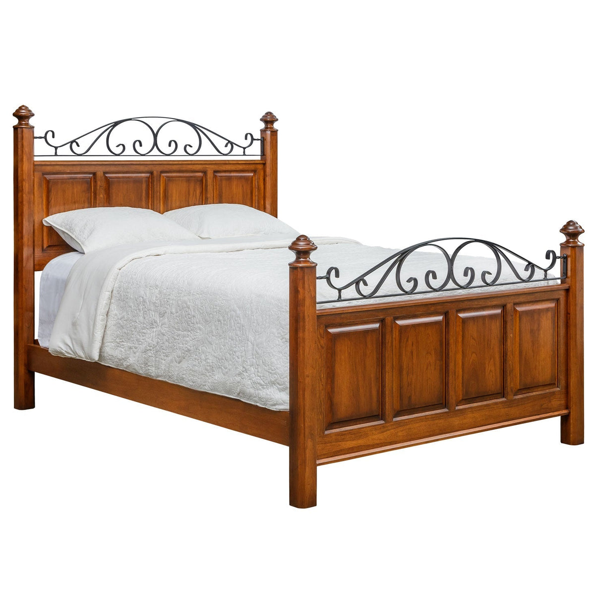 Iron scroll panel bed in cherry with raised panels, turned finials and white bedding on white