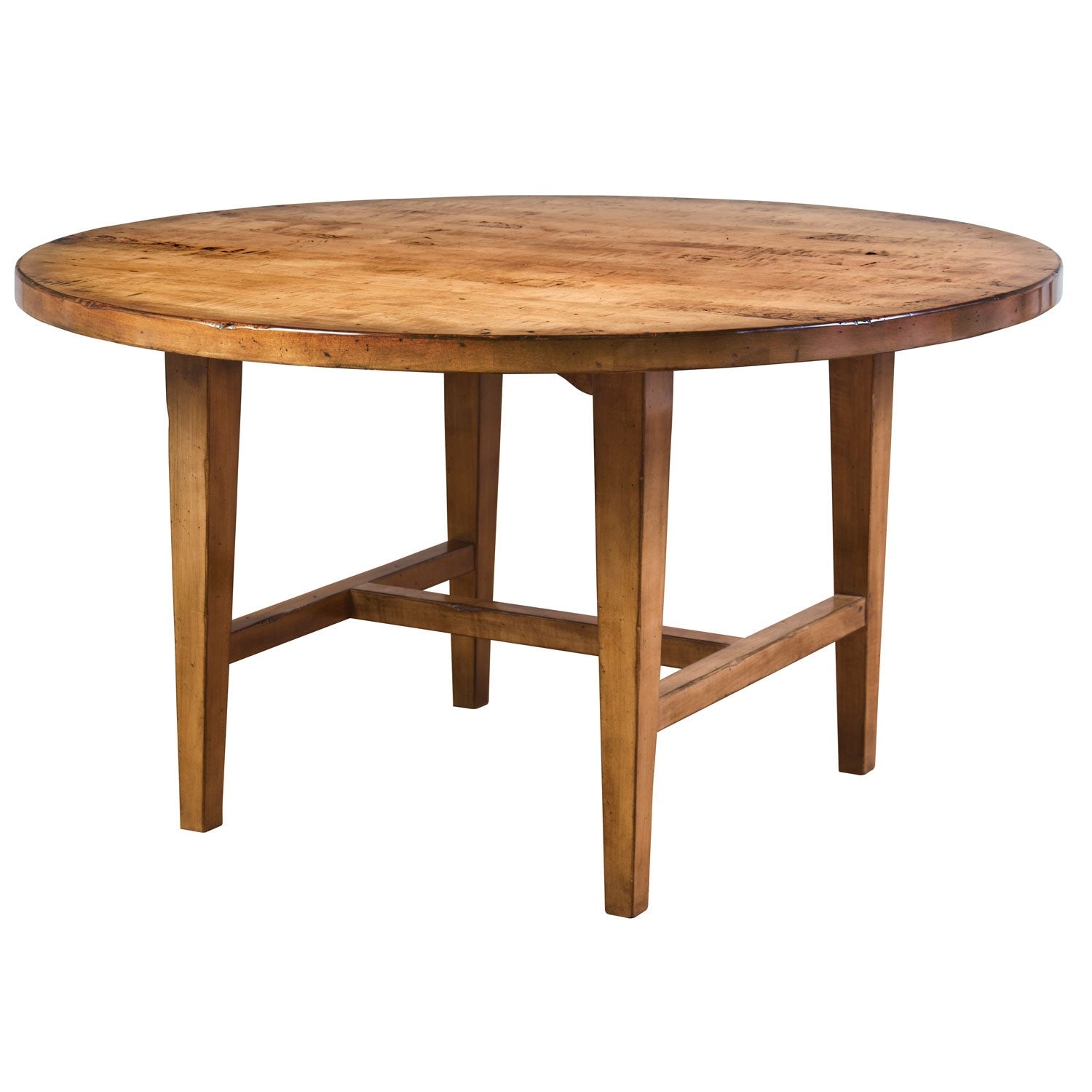 Round trestle dining table in warm maple with an aged plank top and angled legs joined by a center stretcher