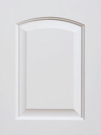 White painted oak door sample with an arched raised center panel in a clean bright white