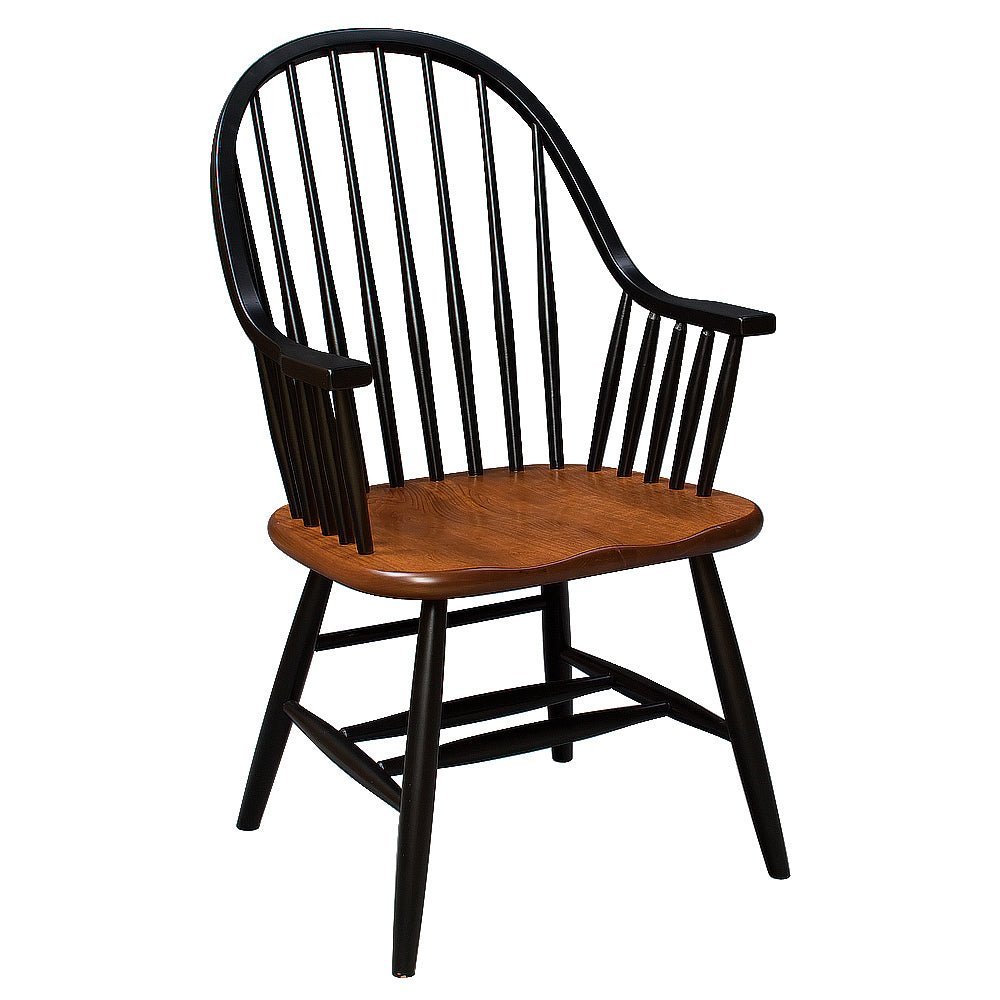 Black Windsor arm chair with eight back spindles, spindle arm supports and a warm cherry saddle seat