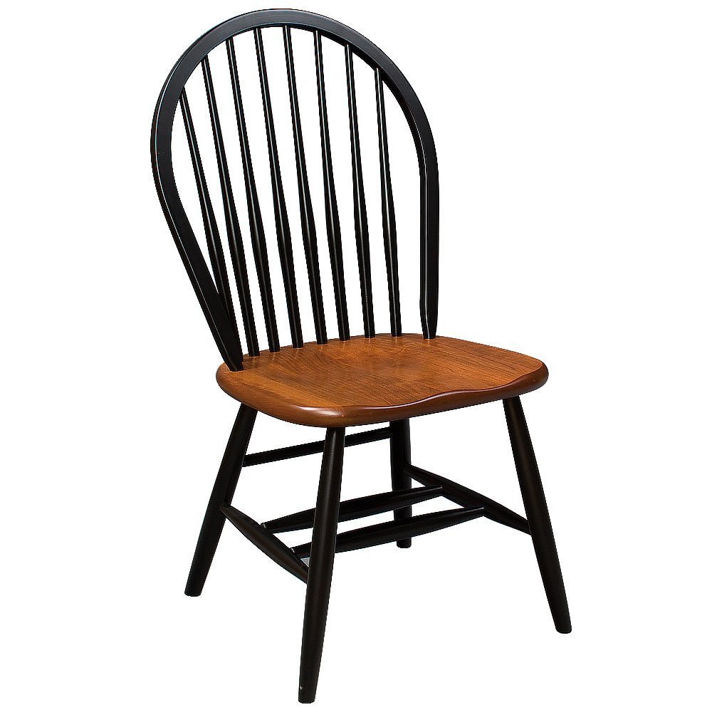 Two-tone Windsor side chair with a black bow spindle back and a cherry stained scooped seat, white background