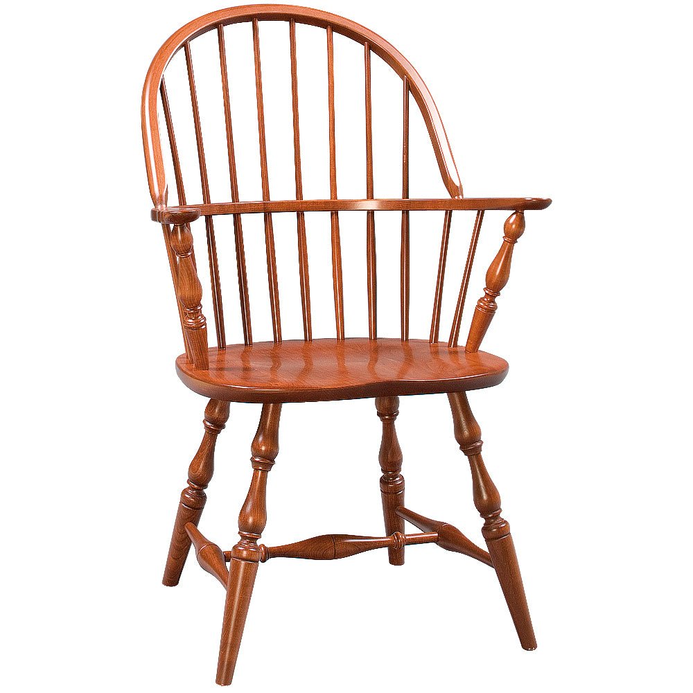 Cherry sack back Windsor arm chair with a bowed spindle back, turned arm posts and a scooped saddle seat