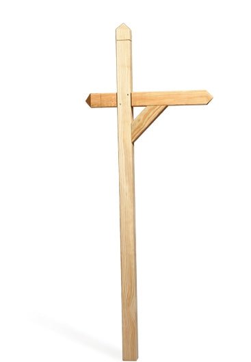 Unfinished wood mailbox post with pointed top, pegged cross arm and angled brace, shown on a white background