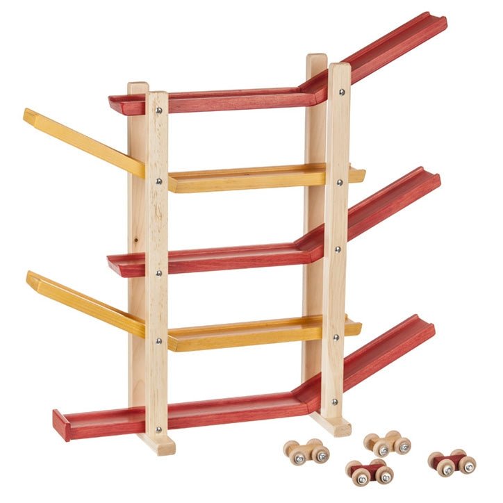 Wooden car roller with stepped zigzag ramps in a natural stain and several small wooden cars on the tracks