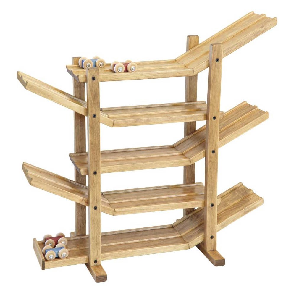 Light maple car roller racetrack with dark walnut posts, four sloping ramps and wooden cars beside it
