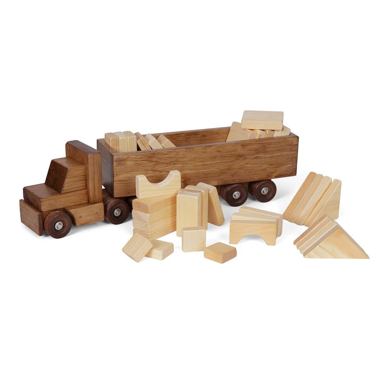Wooden cargo truck toy with an open box trailer filled with natural pine building blocks spilling out front