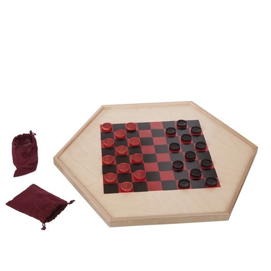 Hexagonal wooden checkerboard game with red and black checkers set up and two burgundy drawstring pouches