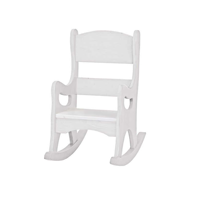 Child-sized wooden rocking chair painted soft cream, with an arched slat back, cutout handle sides and curved rockers on wood flooring