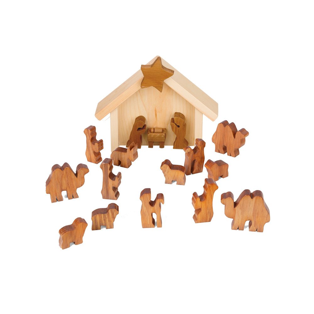 Wooden nativity set with a stained gable stable and chunky cut-out figures of the holy family, shepherds, sheep, wise men and camels