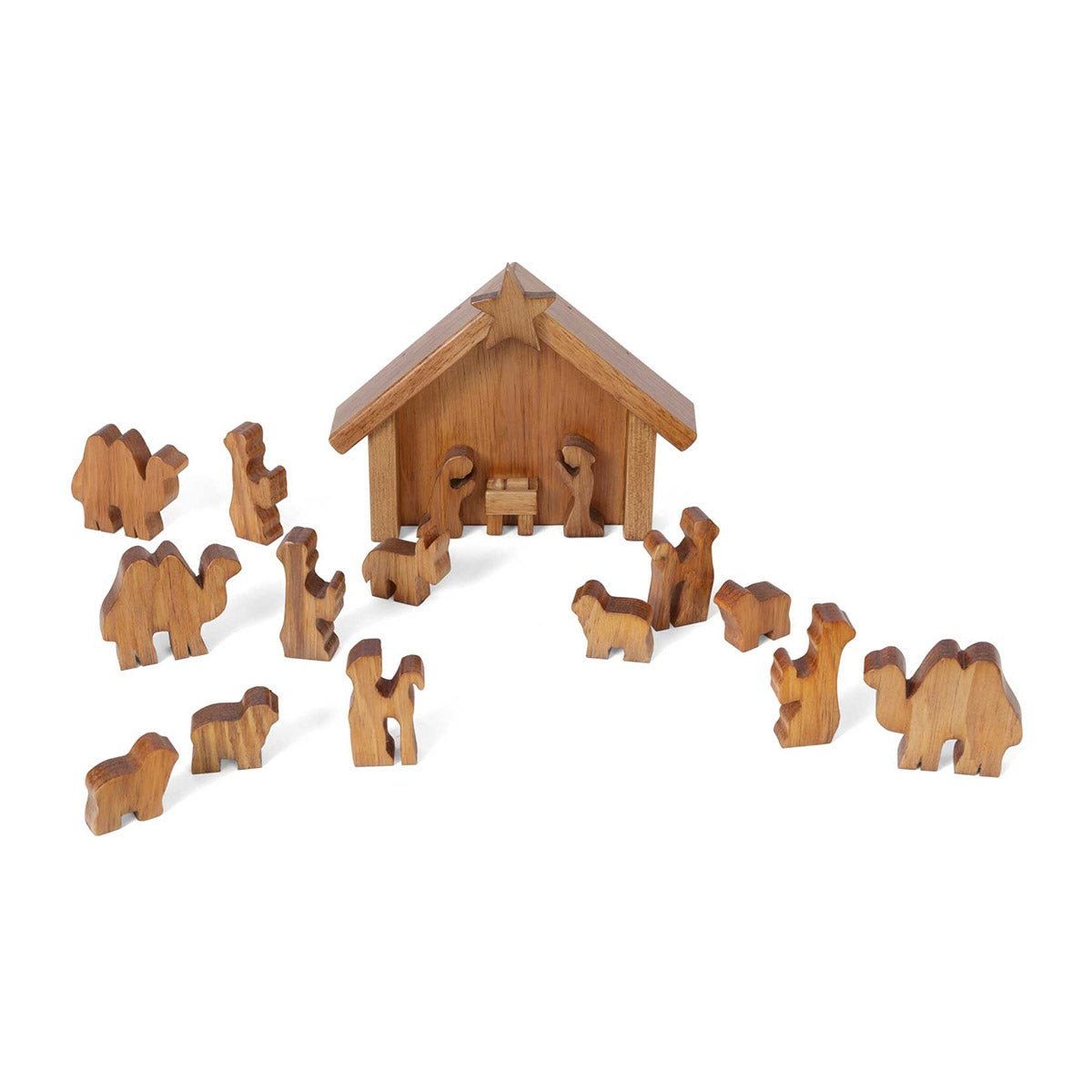 Wooden nativity set with a stained gable stable and chunky cut-out figures of the holy family, shepherds, sheep, wise men and camels
