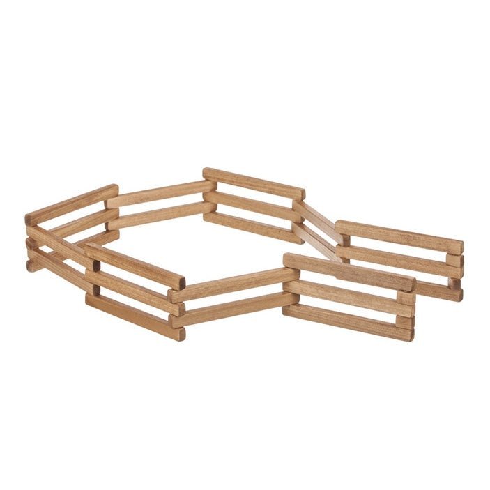 Set of wooden folding toy fence sections with three rails per panel, hinged into a zigzag corral on a white background