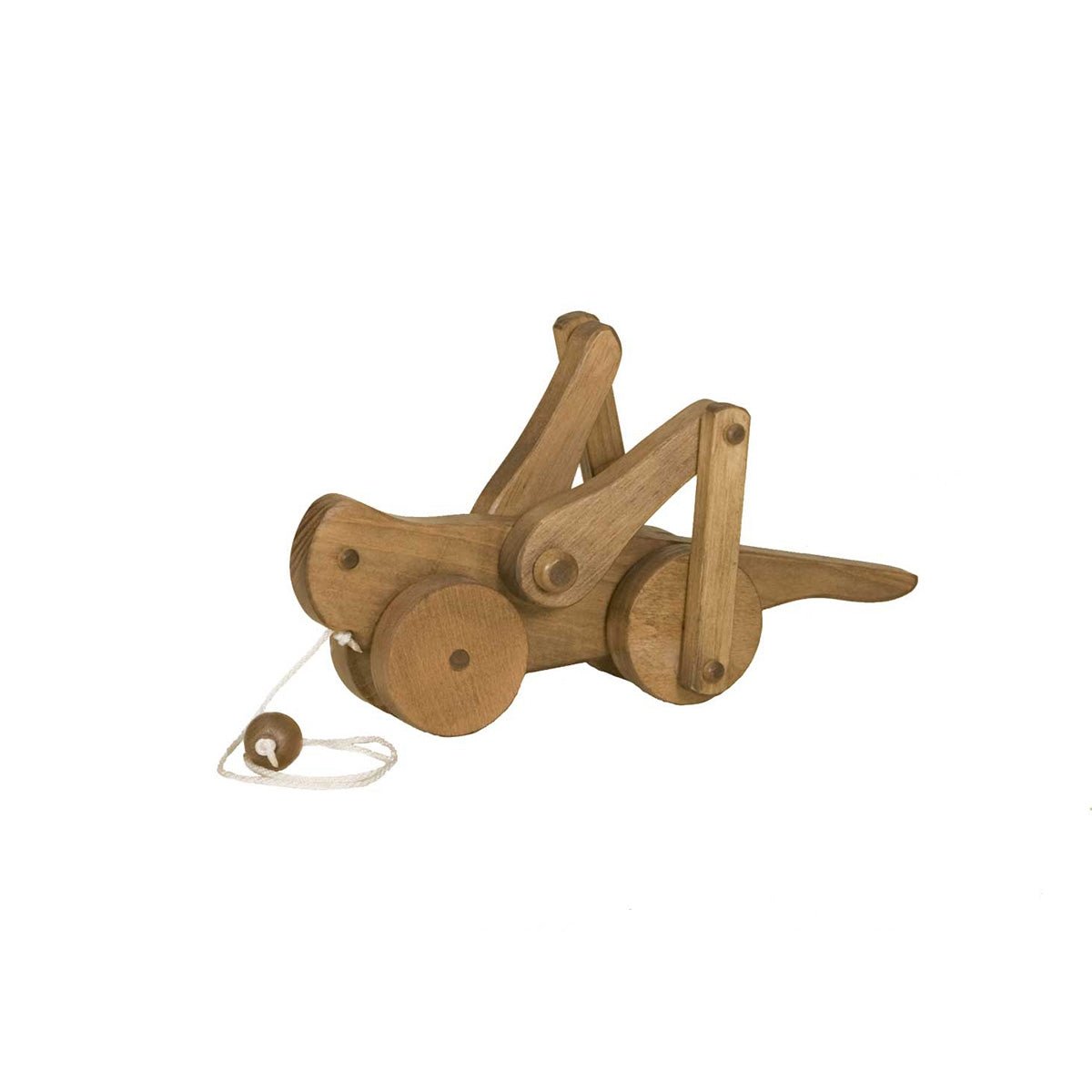 Natural wood grasshopper pull toy with jointed hopping legs, round wheels and a white pull string on a white background