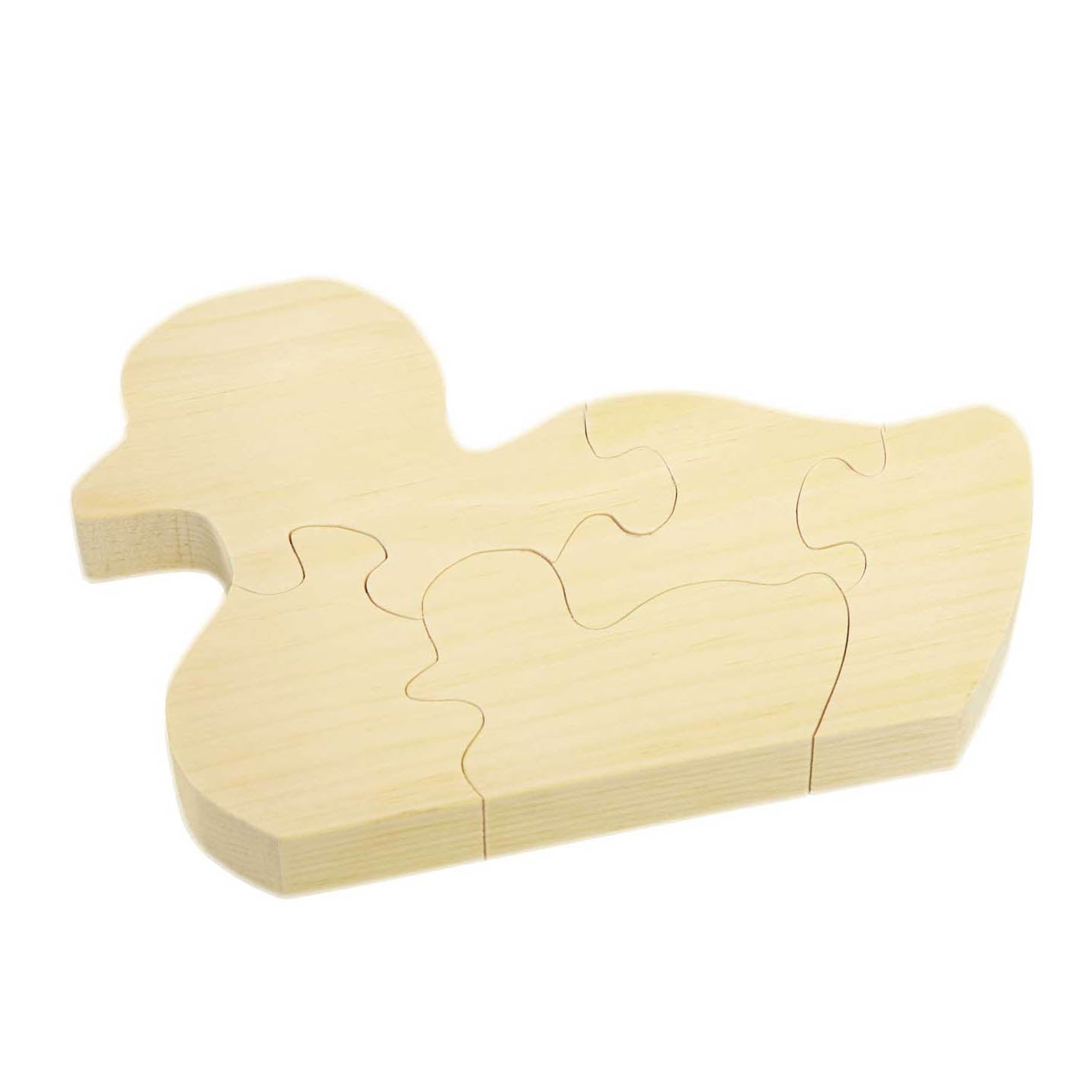 Chunky wooden horse-shaped jigsaw puzzle in natural maple, cut into five interlocking pieces on a white background