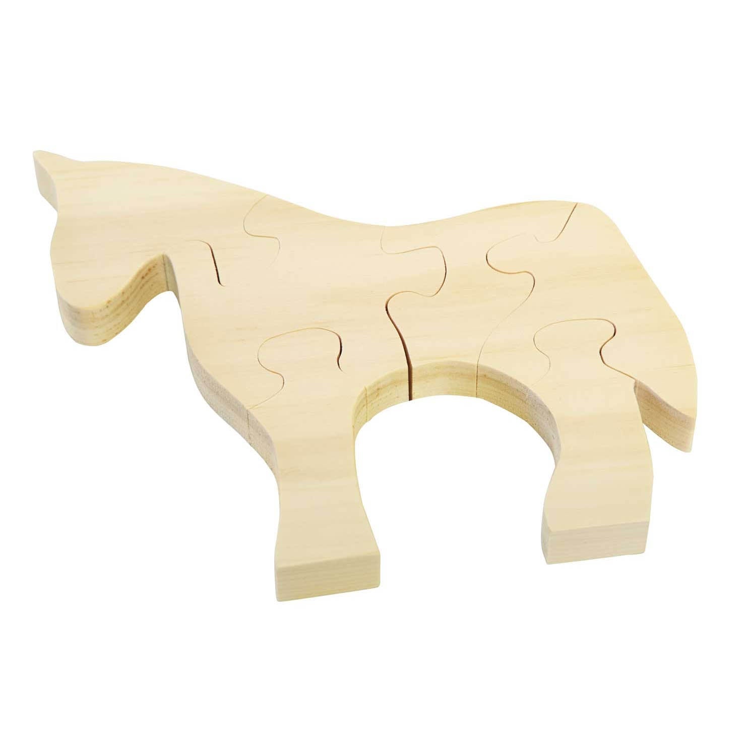 Chunky wooden horse-shaped jigsaw puzzle in natural maple, cut into five interlocking pieces on a white background