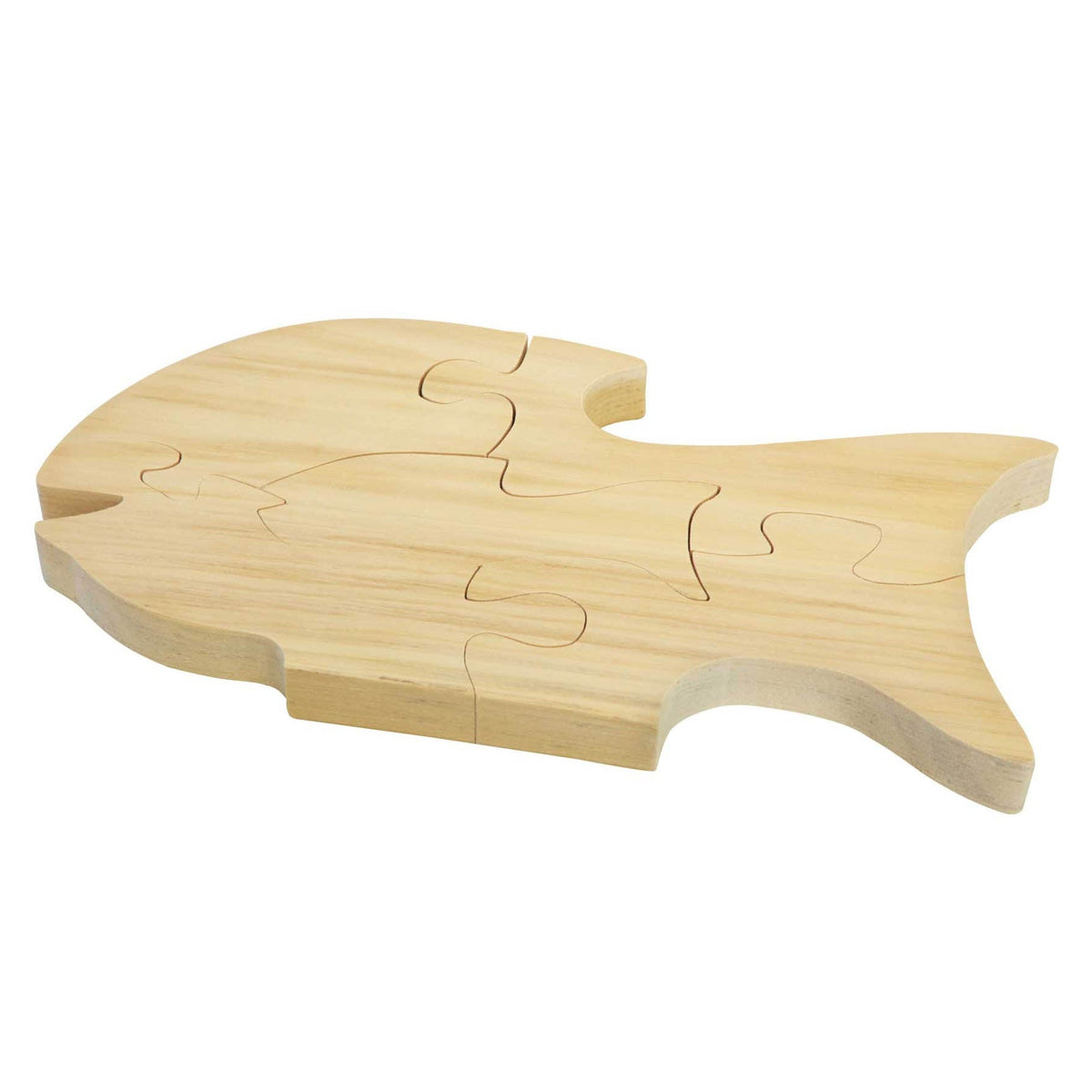 Wooden fish jigsaw puzzle with five chunky interlocking pieces and rounded fins, natural unfinished maple