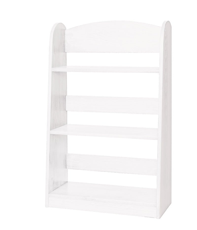 Honey stained kids bookshelf with three open shelves, arched crest and front book rails for toddler-height storage