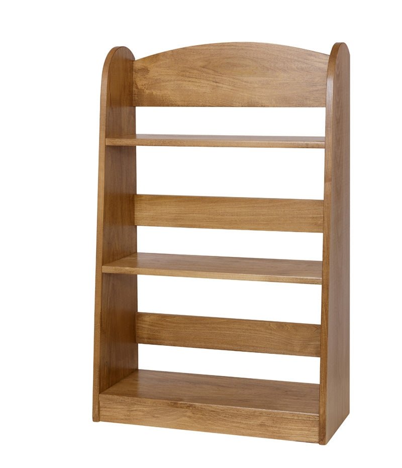 Honey stained kids bookshelf with three open shelves, arched crest and front book rails for toddler-height storage