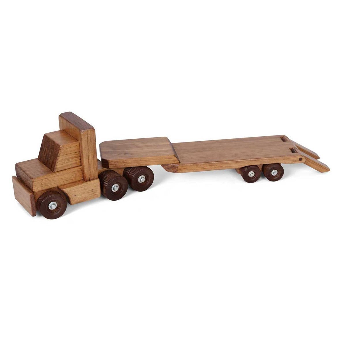 Wooden lowboy semi truck toy with a cab, long flat trailer, loading ramps and eight dark rubber wheels