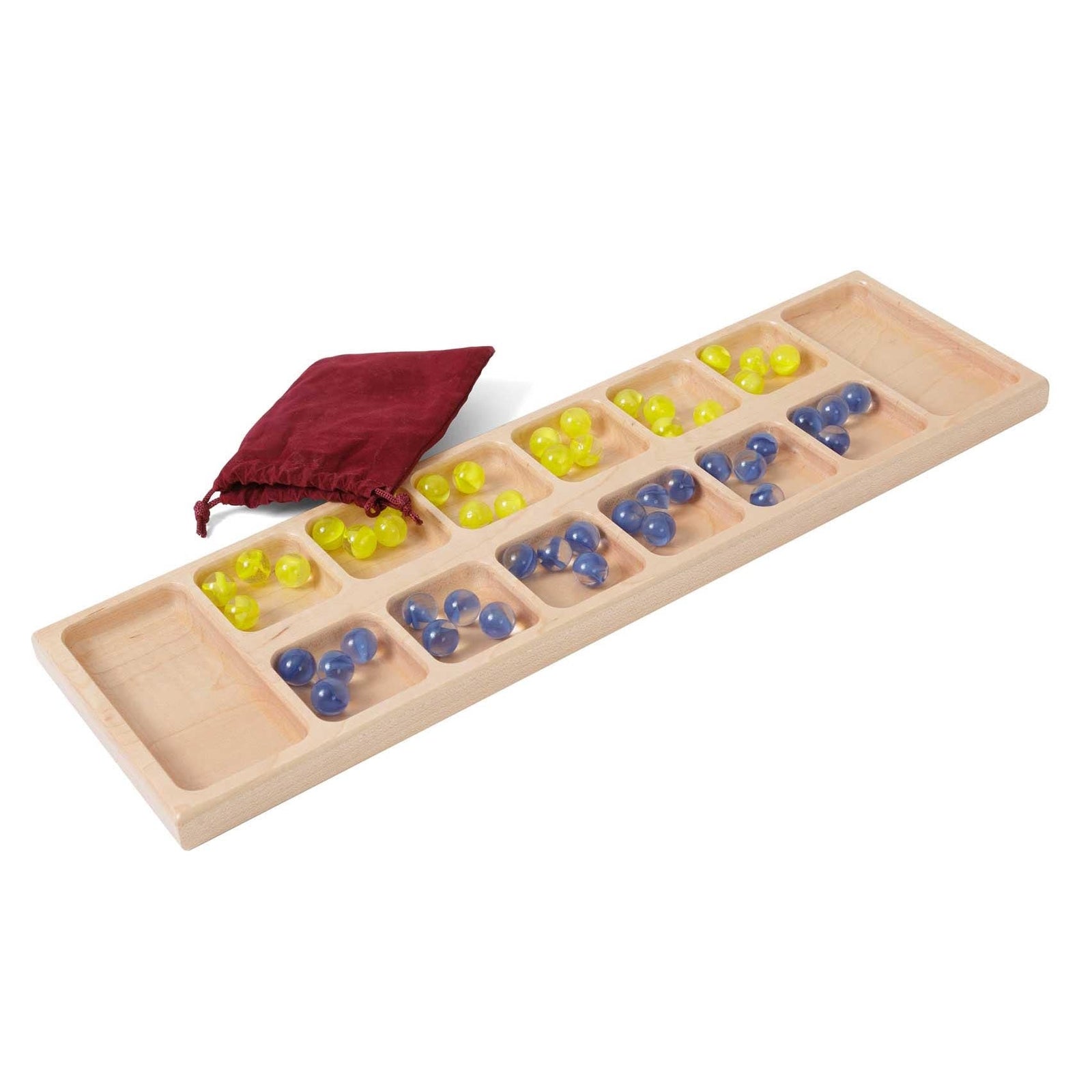 Maple mancala board game with twelve carved pits, two end wells, blue and yellow glass stones and a burgundy pouch