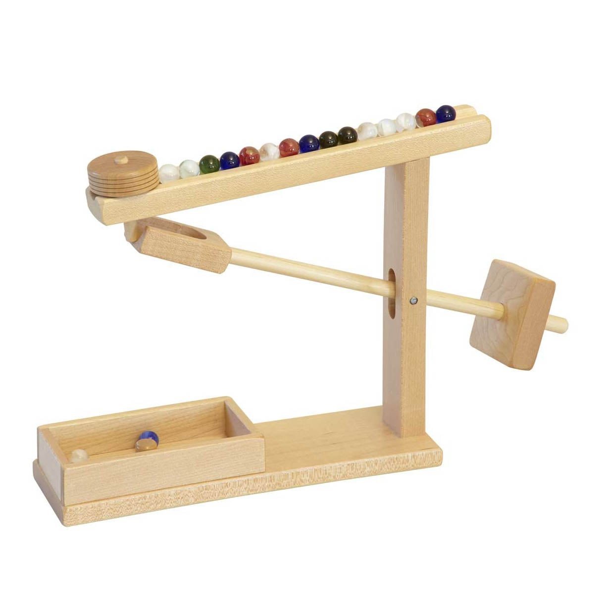 Two-tone walnut and maple marble machine with a ramp of colored marbles, tipping lever and a wooden catch tray