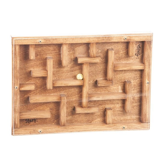 Handheld wooden marble maze puzzle with a clear cover, labeled start and finish corners and a marble in the tracks