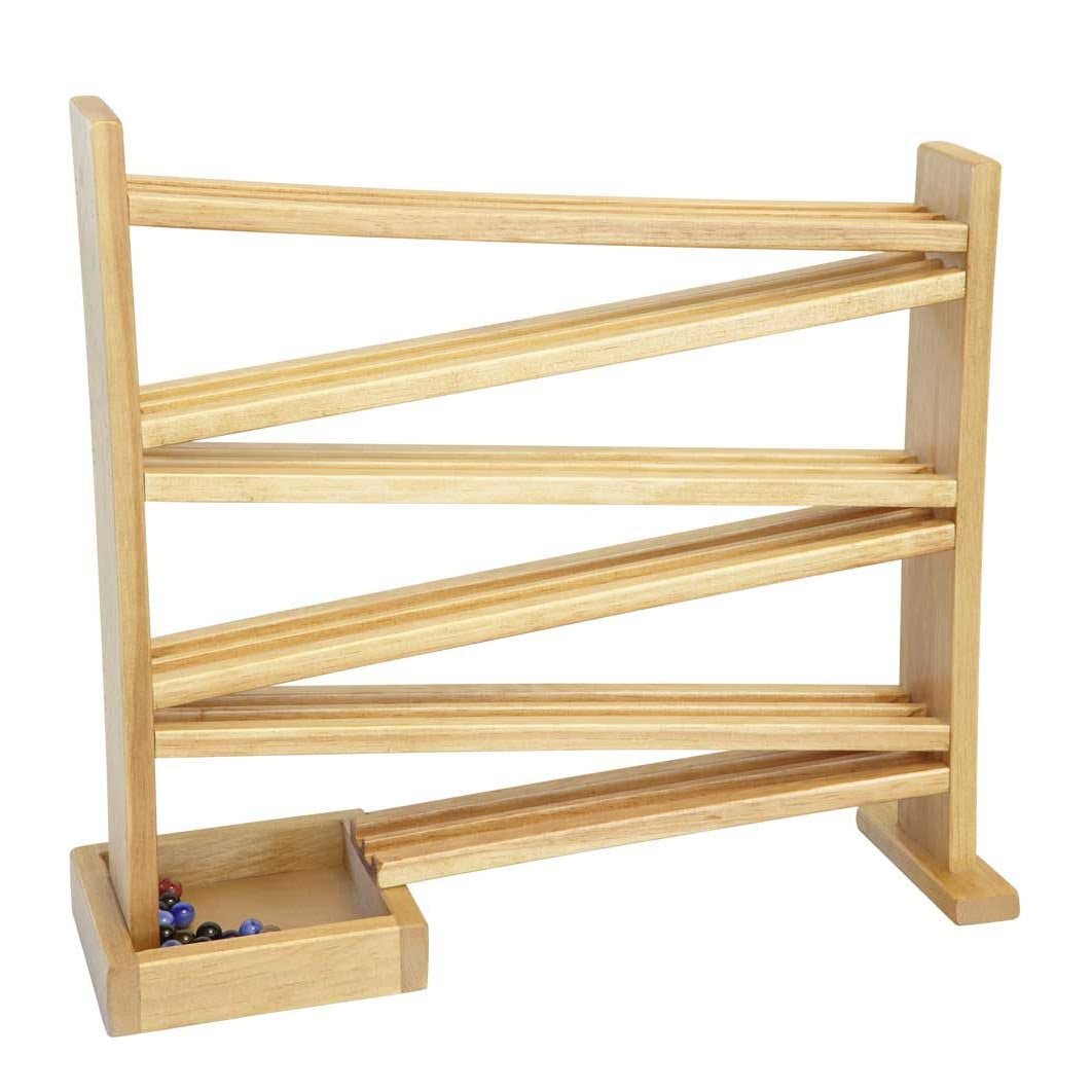 Honey toned wooden marble racetrack with four zigzag ramps between posts and marbles collected in the base tray