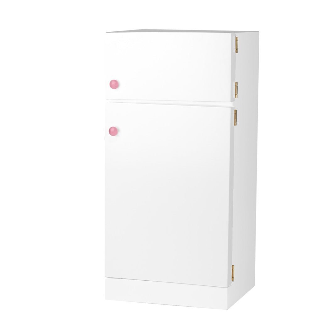 Child-size wooden play refrigerator in a warm walnut stain with hinged freezer and fridge doors and round knobs