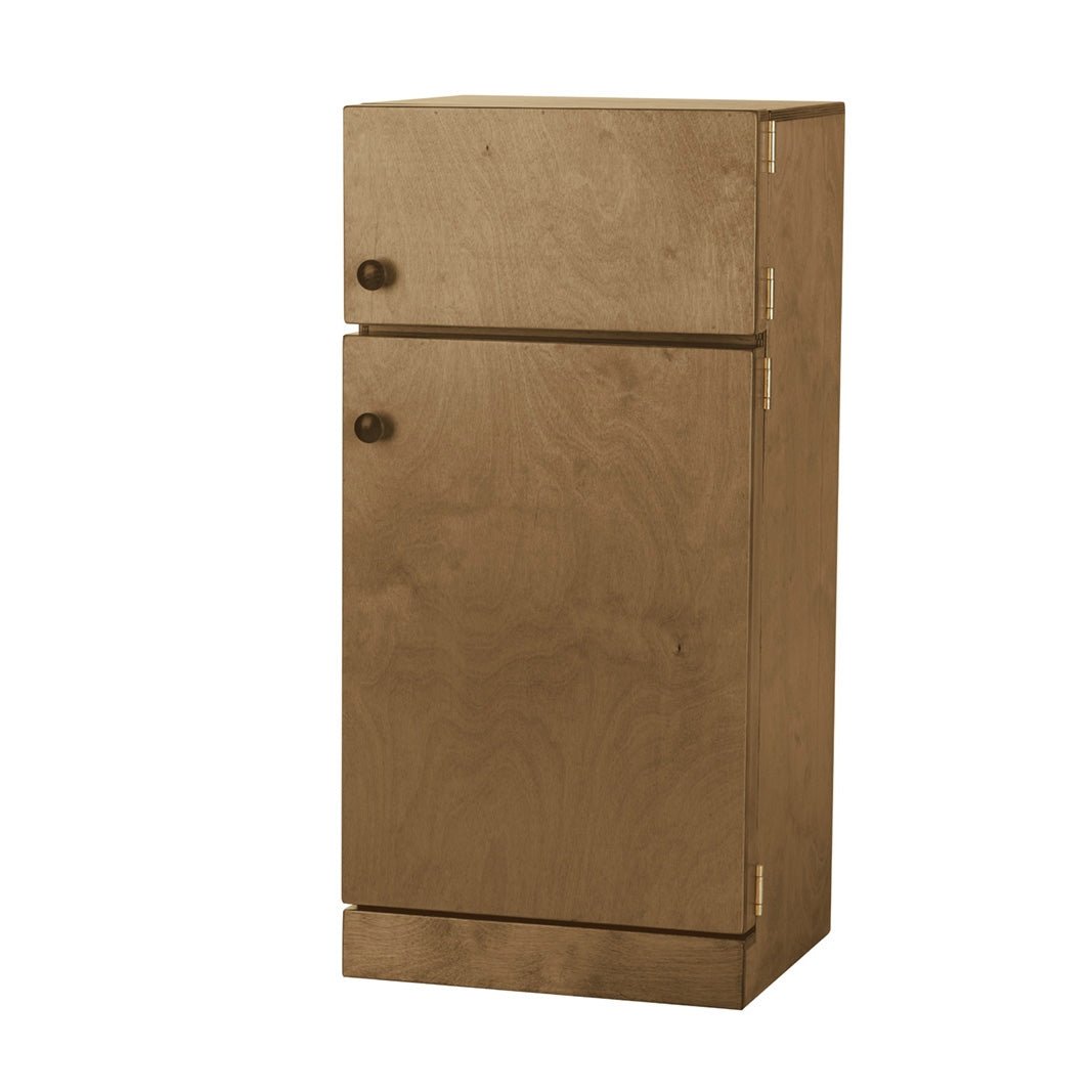 Child-size wooden play refrigerator in a warm walnut stain with hinged freezer and fridge doors and round knobs