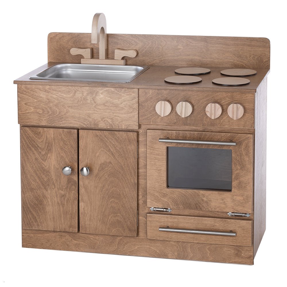 Amish Wooden Play Sink & Stove for Kids shown in the kids bedroom of a modern farmhouse home