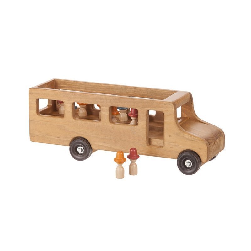 Yellow painted wooden toy school bus with cutout windows, rubber wheels and peg people passengers inside and out