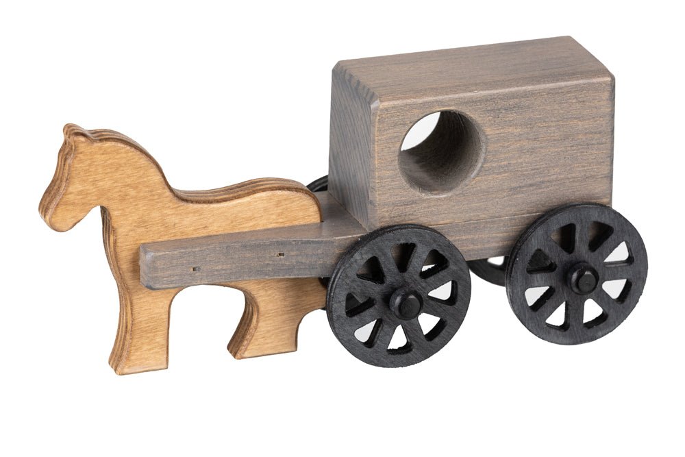 Small wooden Amish horse and buggy toy with a gray stained buggy, round window and black spoked wheels