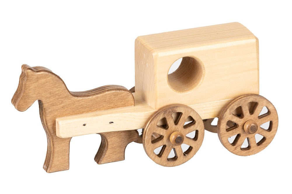 Small wooden Amish horse and buggy toy with a gray stained buggy, round window and black spoked wheels