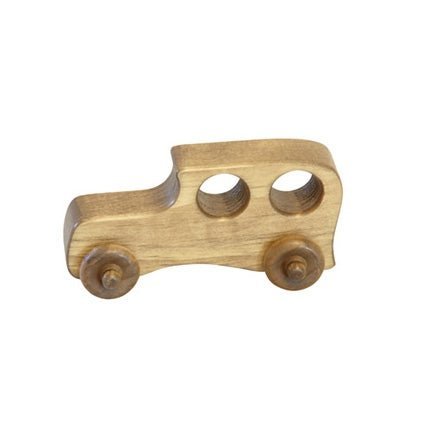 Small stained wooden toy bus with two round window holes and chunky turned wheels on a white background