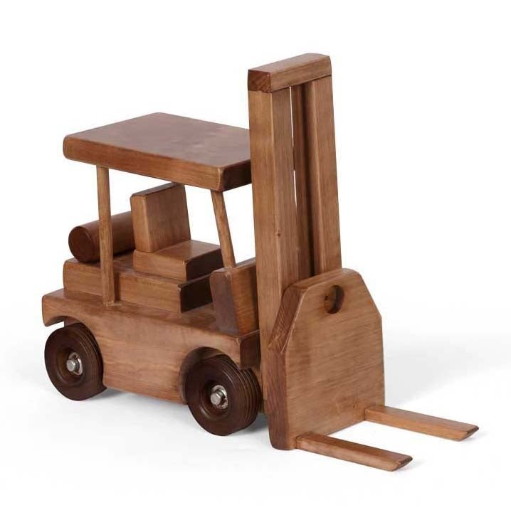 Wooden toy forklift with a canopy roof, tall lifting mast, forks and dark rubber wheels in a walnut stain