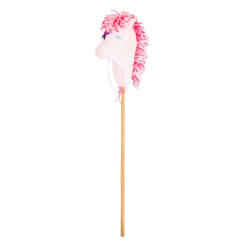 Three plush stick horses on wooden dowels in brown, pink and black-spotted white, each with yarn mane and reins