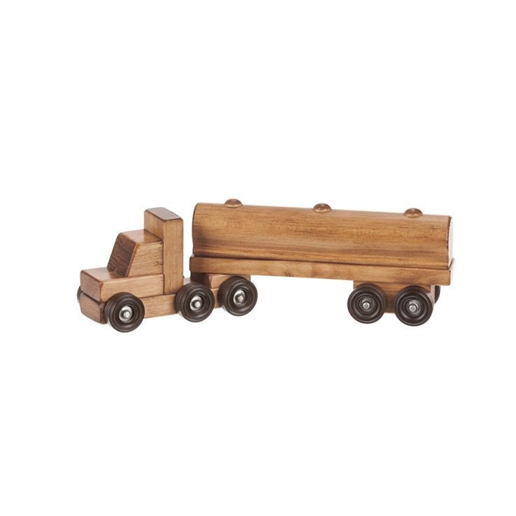 Stained wooden toy tank truck with a rounded barrel tanker trailer, cab and six dark rubber wheels