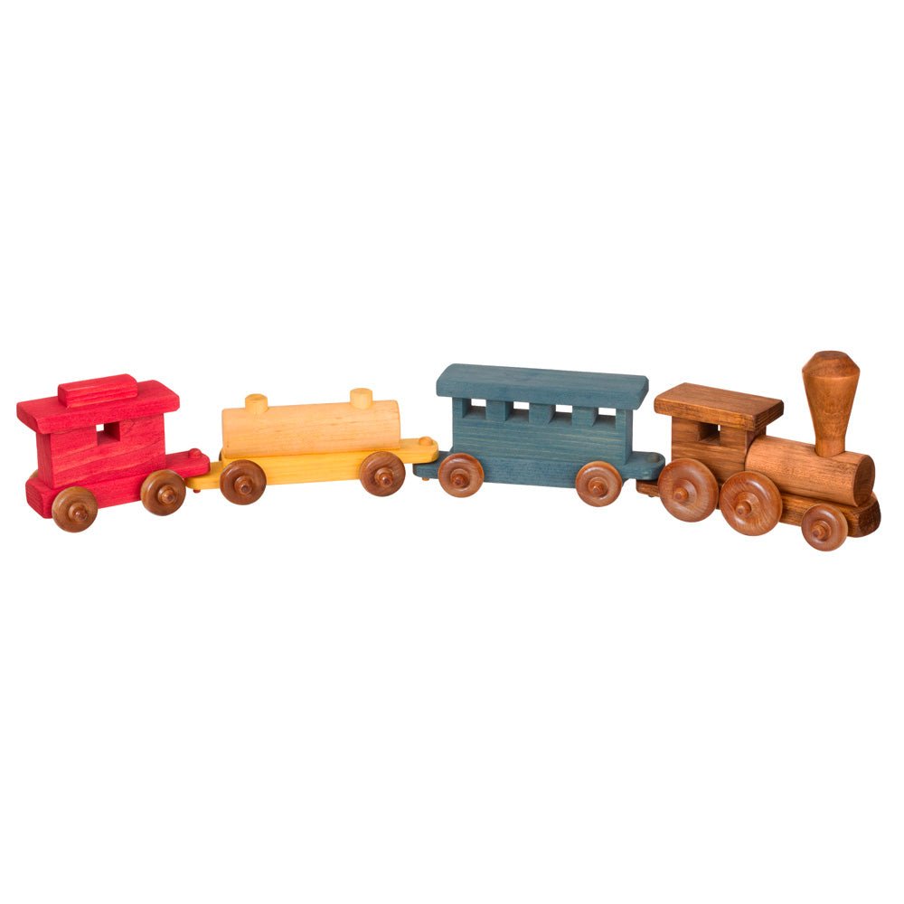 Painted wooden toy train with a stained engine, blue passenger car, yellow flatcar and red caboose on wooden wheels