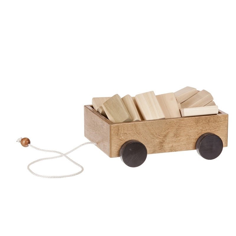 Natural stained wooden pull wagon loaded with pale wood blocks, black disc wheels and a beaded pull string